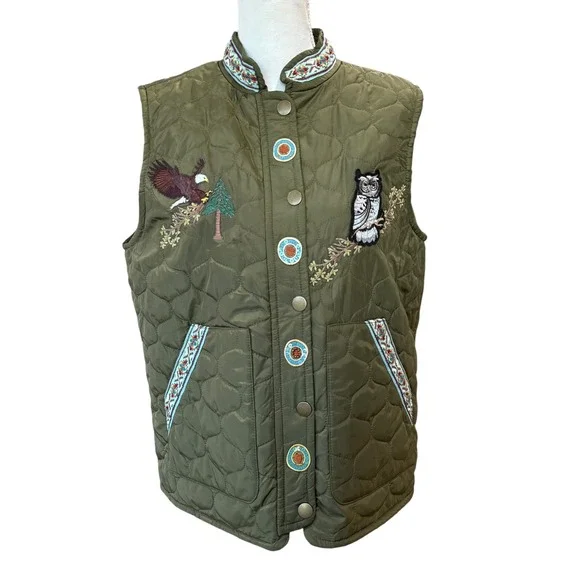 Lesal Upcycled Quilted Vest 2XL Olive Green Eagle Owl Beaded Bee Tapestry - Picture 2 of 8